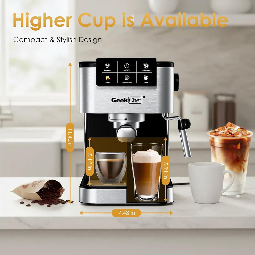 Geek Chef Espresso Machine with Milk Frother, 20 Bar Automatic Espresso Maker, Fast Heating Coffee Maker for Cappuccino, Latte & Iced Coffee, Easy to Use & Clean, for Home Barista