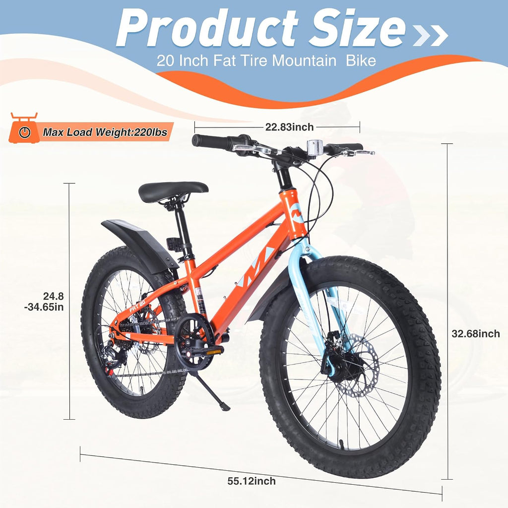WEEROCK Kid Bike 20/24 Inch Kids MTB Child Mountain Bicycle with 7 Speeds, Steel Frame,20/24 * 3.0 Inch Fat Tires for 5+ Years Old Boys, Girls, Children,Students, Junior, Multip Color