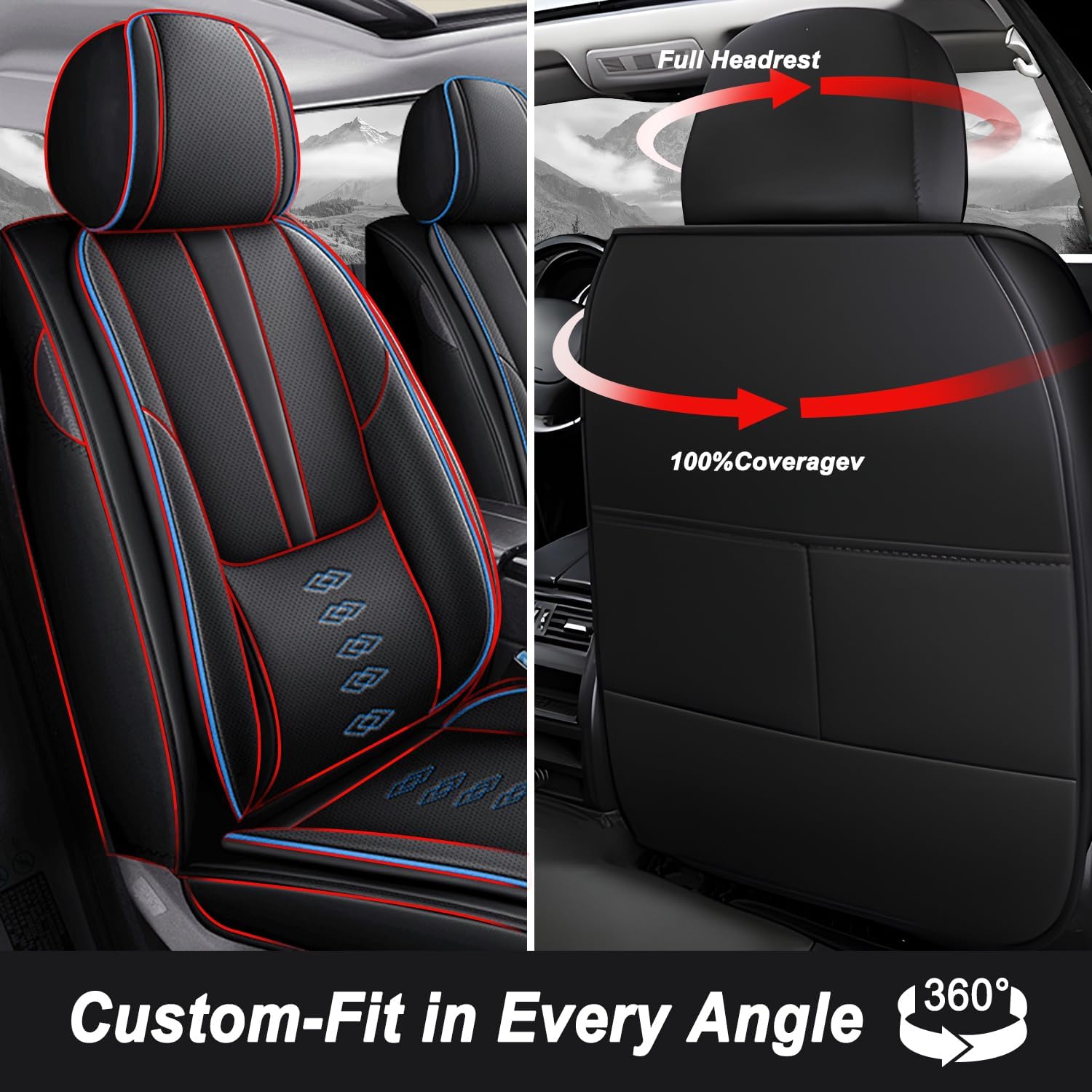 Car Seat Covers 5 Seats Fit for Mitsubishi Montero 1999-2005,Waterproof Leather Seat Covers,Airbag Compatible,Car Seat Protectors Interior Sets(Full Set,Black&Blue)