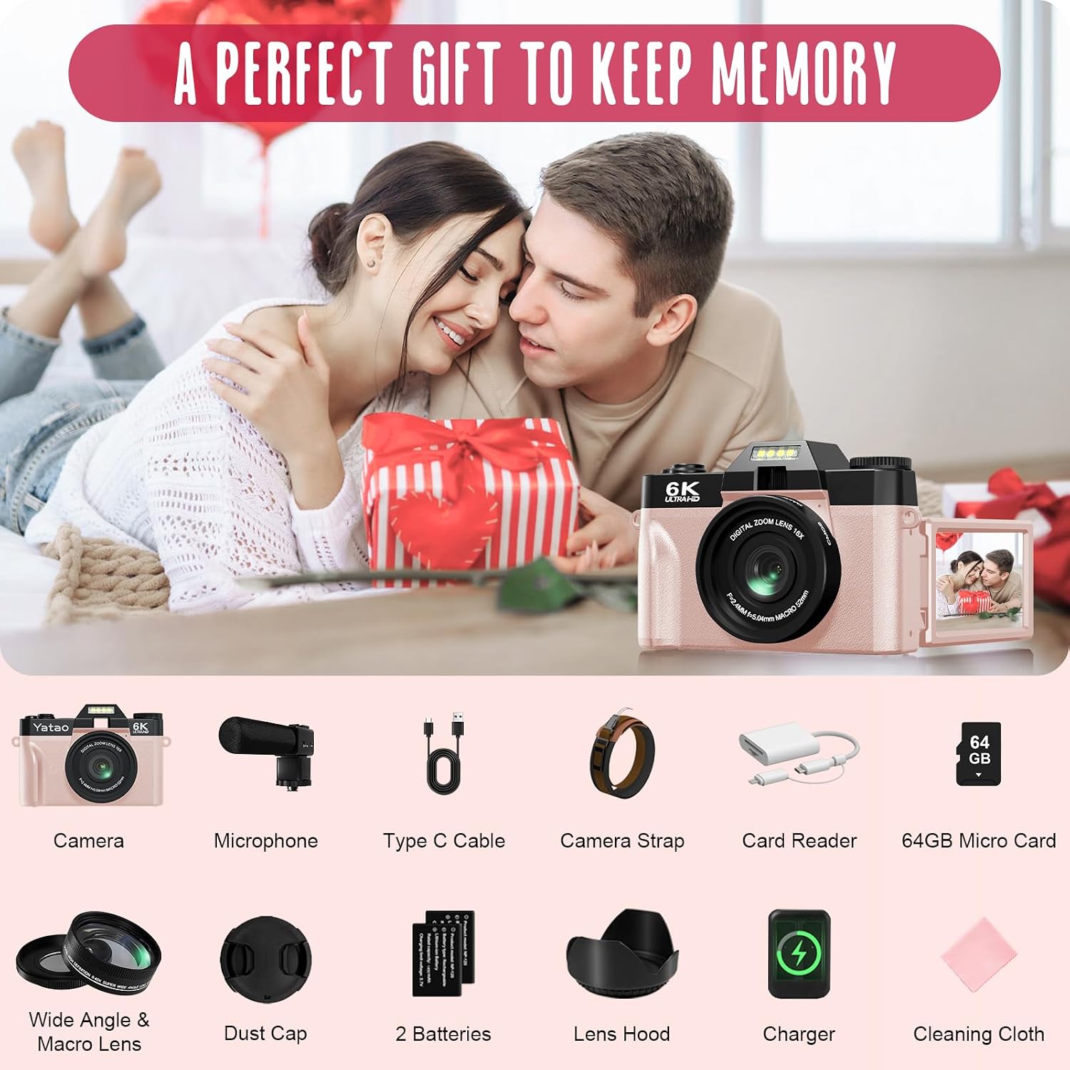 Yatao Digital Cameras for Photography and Vlogging, 6K 64MP Flip Screen, Dual Lens, Microphone for Video, 64GB TF Card, Compact Photo WiFi Camera for YouTube Kit Travel, Beginners (Pink)