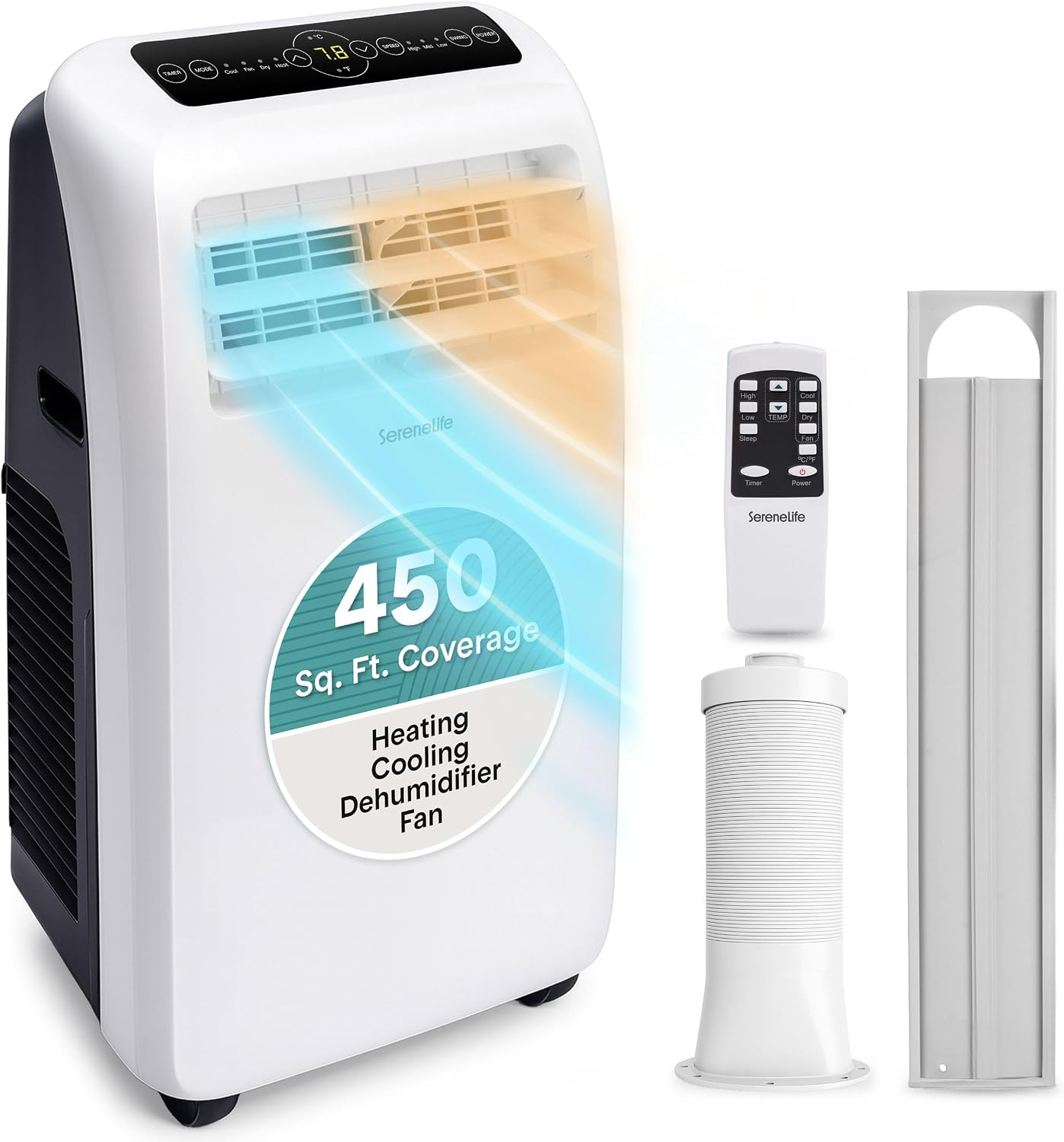 SereneLife Portable Air Conditioner with Heat & Built-in Dehumidifier 10,000 BTU, Portable Heater & AC for Rooms up to 450 Sq Ft - Remote Control & Window Mount Exhaust Kit Included