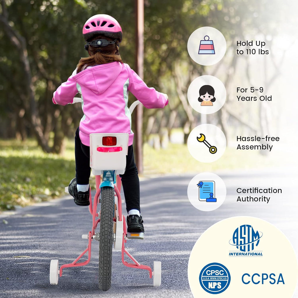 HONEY JOY Kids Bike, 14 16 18 Inch Girls Bike for Toddlers w/Training Wheels, Handbrake & Coaster Brake, Steel Frame, Fully Enclosed Chain, Little Princess Style Children Bicycle, Gift for Girls 3-8