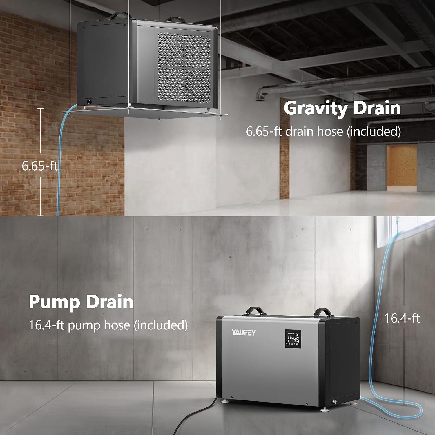 Yaufey 216 Pints Commercial Dehumidifier with Pump for 8000 Sq.Ft. Crawl Space, Basement, Industrial Area, 10-90% RH Humidity Control, 24/7 Running Continuous Drainage, TUV Certified, 5-Yr Coverage