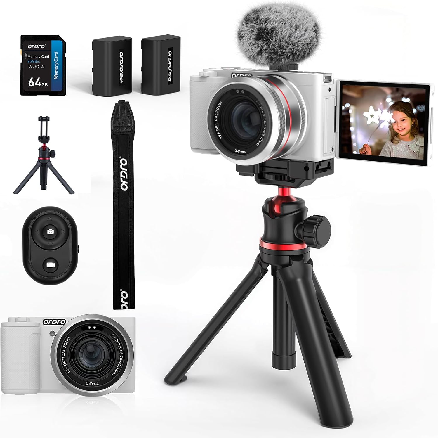 ORDRO 5K Digital Cameras for Photography - 64MP 12X Optical Zoom Travel Content Creator Camera & YouTube Vlogging Camera with Flip Screen, Microphone & Tripod Grip, 64GB Memory Card(White)