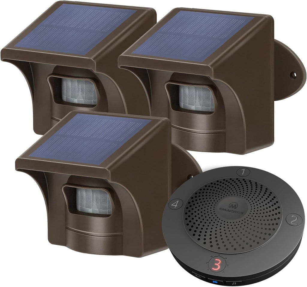 eMACROS Solar Wireless Driveway Alarm System (1/2 Mile Range, 1 Receiver & 3 Solar Sensors) - Weatherproof Outdoor Motion Detector for Farm, Long Driveway & Property Security