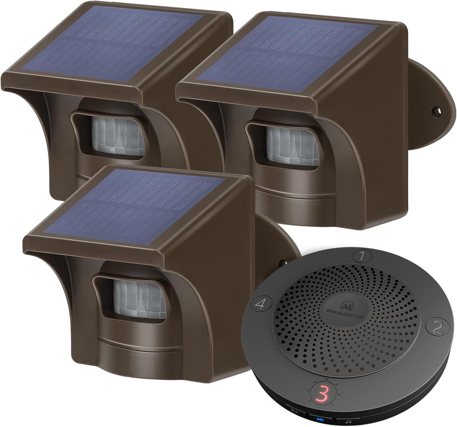 eMACROS Solar Wireless Driveway Alarm System (1/2 Mile Range, 1 Receiver & 3 Solar Sensors) - Weatherproof Outdoor Motion Detector for Farm, Long Driveway & Property Security
