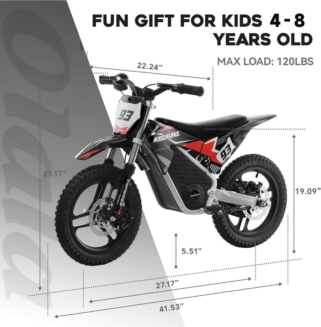 OLALA 36V Electric Dirt Bike for Kids 4-8, 350W Brushless Motor with 3-Speed Control, 18.6 MPH Max Speed, 14' Off-Road Tires Motorcycle, for Boys & Girls, Black