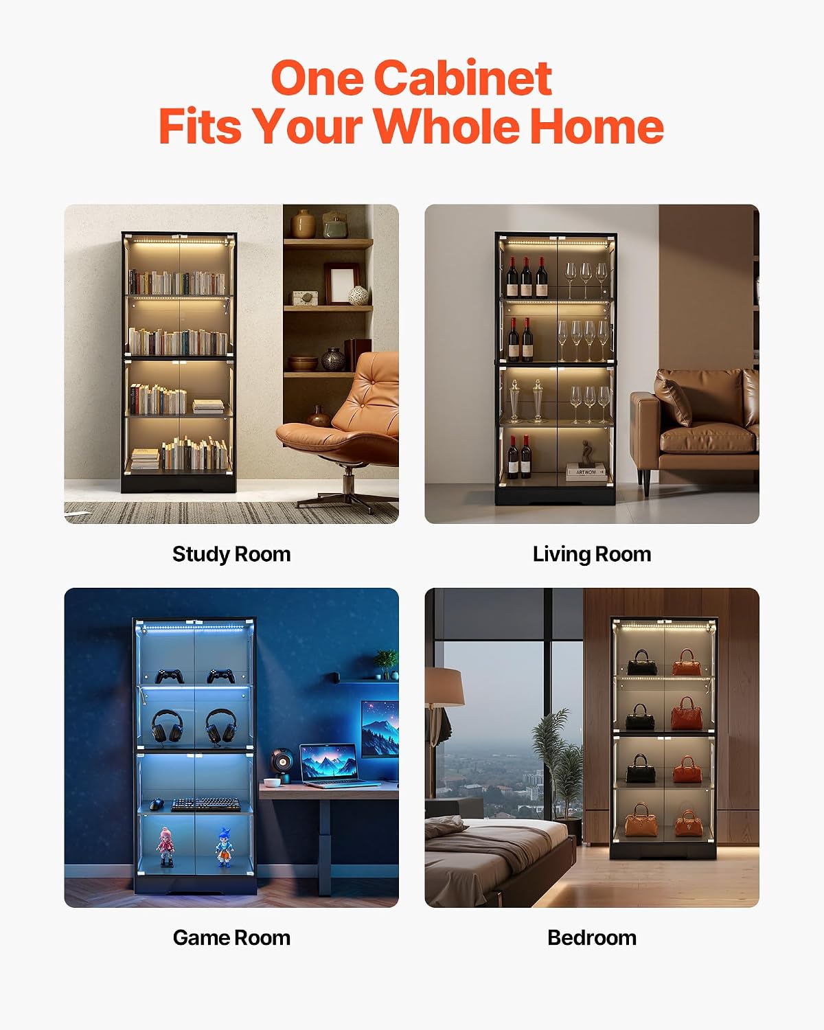 VEVOR Display Cabinet with Glass Doors, 65 in Tall Lighted Display Case with 3 Color Lights, 4-Tier Curio Collectibles Storage Cabinet, Bookshelf Bookcase for Pantry Bedroom Living Room Office