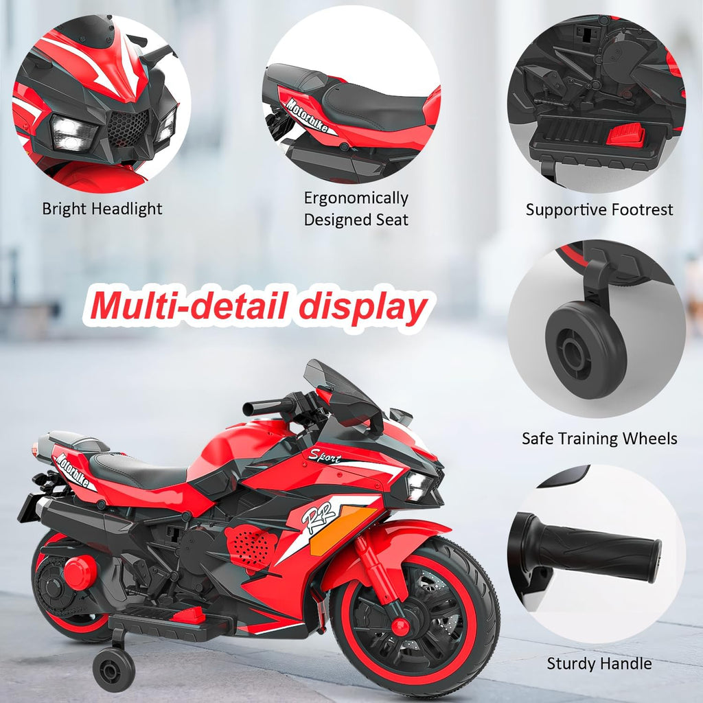 WIIS' IDEA Kids Ride On Motorcycle,12V Electric Battery Powered Ride On Bike,3 Wheels Electric Motorcycle for Kids Ages 3-6 Years with Hand Racing,LED Light-Emitting Tyres,PU seat,Toy Gifts,Red