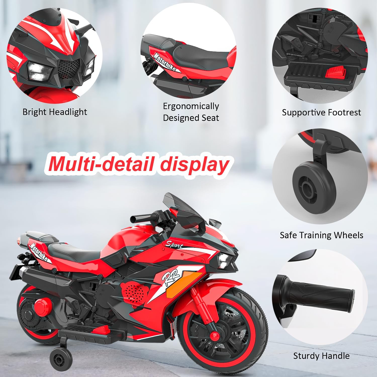 WIIS' IDEA Kids Ride On Motorcycle,12V Electric Battery Powered Ride On Bike,3 Wheels Electric Motorcycle for Kids Ages 3-6 Years with Hand Racing,LED Light-Emitting Tyres,PU seat,Toy Gifts,Red