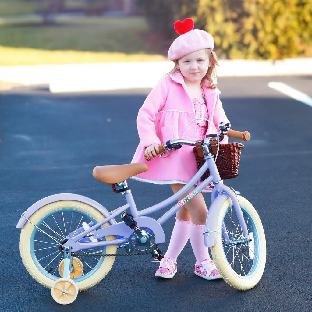 Bixike Retro Design Girls Bike with Basket and Coaster Brake for 3-13 Years Old Kids, 14 16 18 Inch Cruiser Bicycle for Toddlers with Training Wheels, 20 24 26 Inch with Kickstand, Multiple Colors