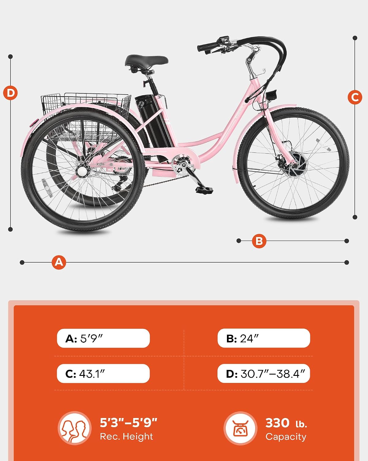 VIRIBUS Electric Tricycle for Adults, 24 26 inch Electric Trike with 468Wh Removable Battery, 250W/350W(Peak 500W) 3 Wheel Electric Bikes for Seniors, Motorized Adult Tricycles Women Men 330 lb.