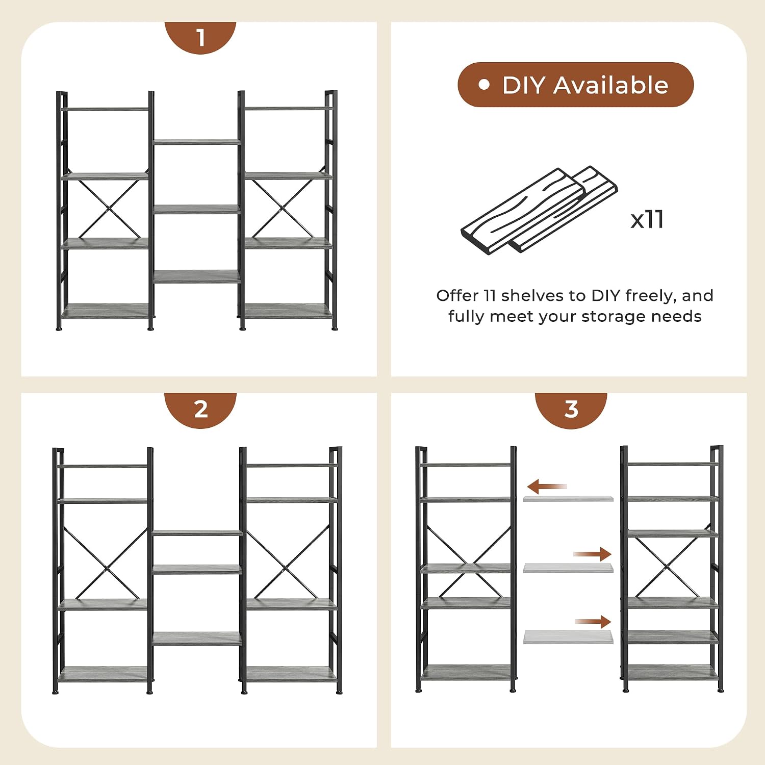 SUPERJARE Triple Bookshelf, Bookcase with 11 Open Display Shelves, Wide Book Shelf Book Case for Home & Office, 4 Tier, Grey