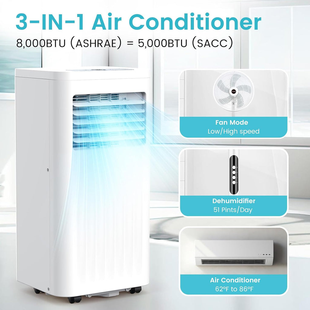 Antarctic Star Portable Air Conditioners 8,000 BTU, Small Portable AC with Cooling, Fan, Dehumidifier Function, 24H Timer, Cooling up to 350 Sq.Ft. Window Kit Panel, 62ºF and 86ºF Temperature Range