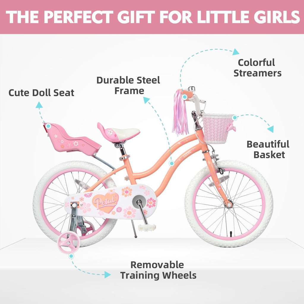 Glerc Petal Girls Bike, 12-18 Inch Kids Bike for Ages 2-9 Years Old Children, Princess Style Kids Bicycle with Training Wheels & Basket & Streamers, Multiple Colors