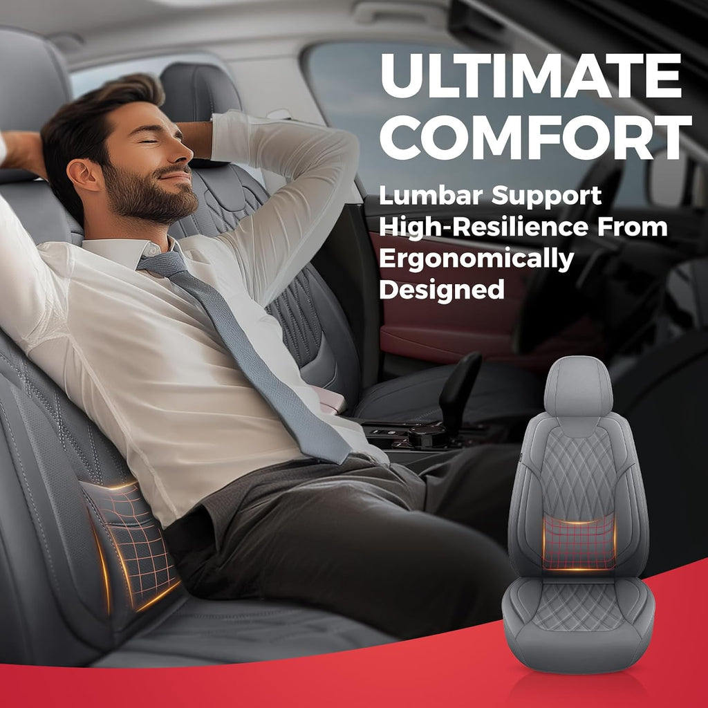 FREESOO Gray Car Seat Cover Full Set - Faux Nappa Leather Seat Covers for Cars, Luxury Breathable Waterproof Front Seats Cushion Protectors with Lumbar Support, Universal Fit for Sedans SUVs Pickups