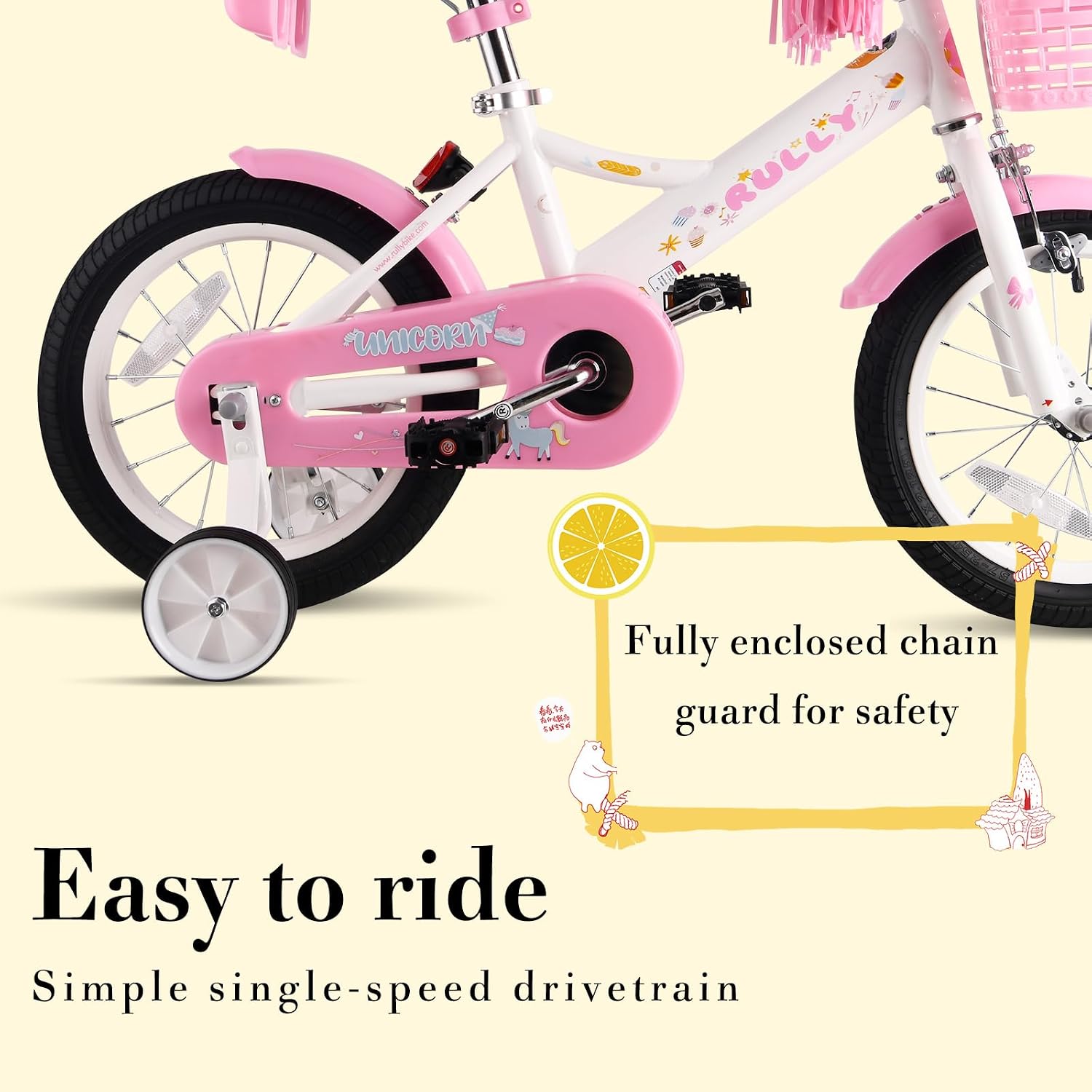 RULLY 14 Inch Unicorn Kids Bike for 3 4 5 Years Girls with Training Wheels & Front Handbrake, Kids Bicycle with Basket Toddler Bike, White