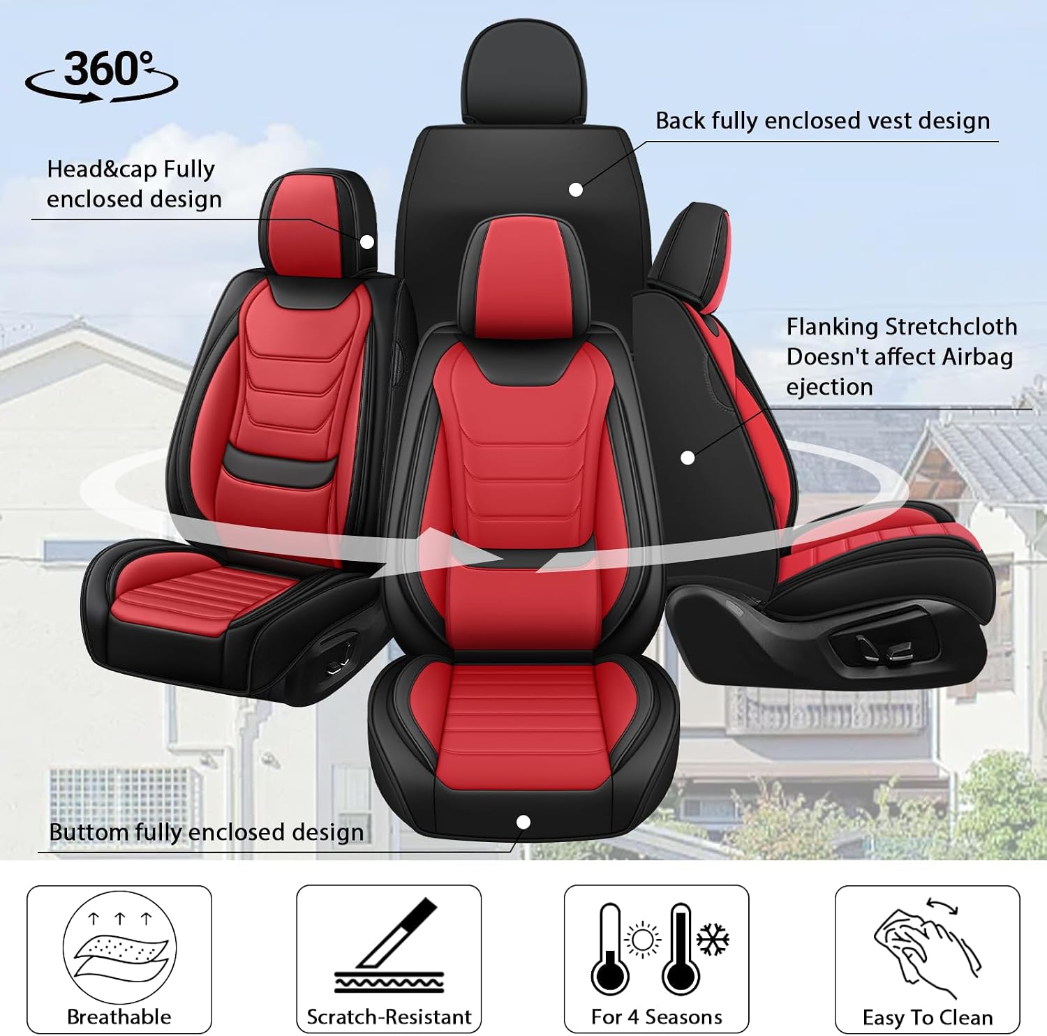 Fit for Chevrolet Tahoe 2009-2025 Custom Seat Covers, PU Leather Car Seat Covers, Full Coverage Protection, Thick Cushioning Seat Protectors(Standard Full Set/Black Red)