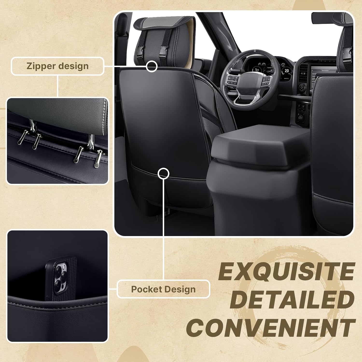 Fit for RAM 1500/2500/3500 2010-2026 Seat Covers, Fashion Sport Seat Cover with Waterproof Leather, Airbag Safe Design Seat Protector (5 Front Seat Luxury, Black Gray)