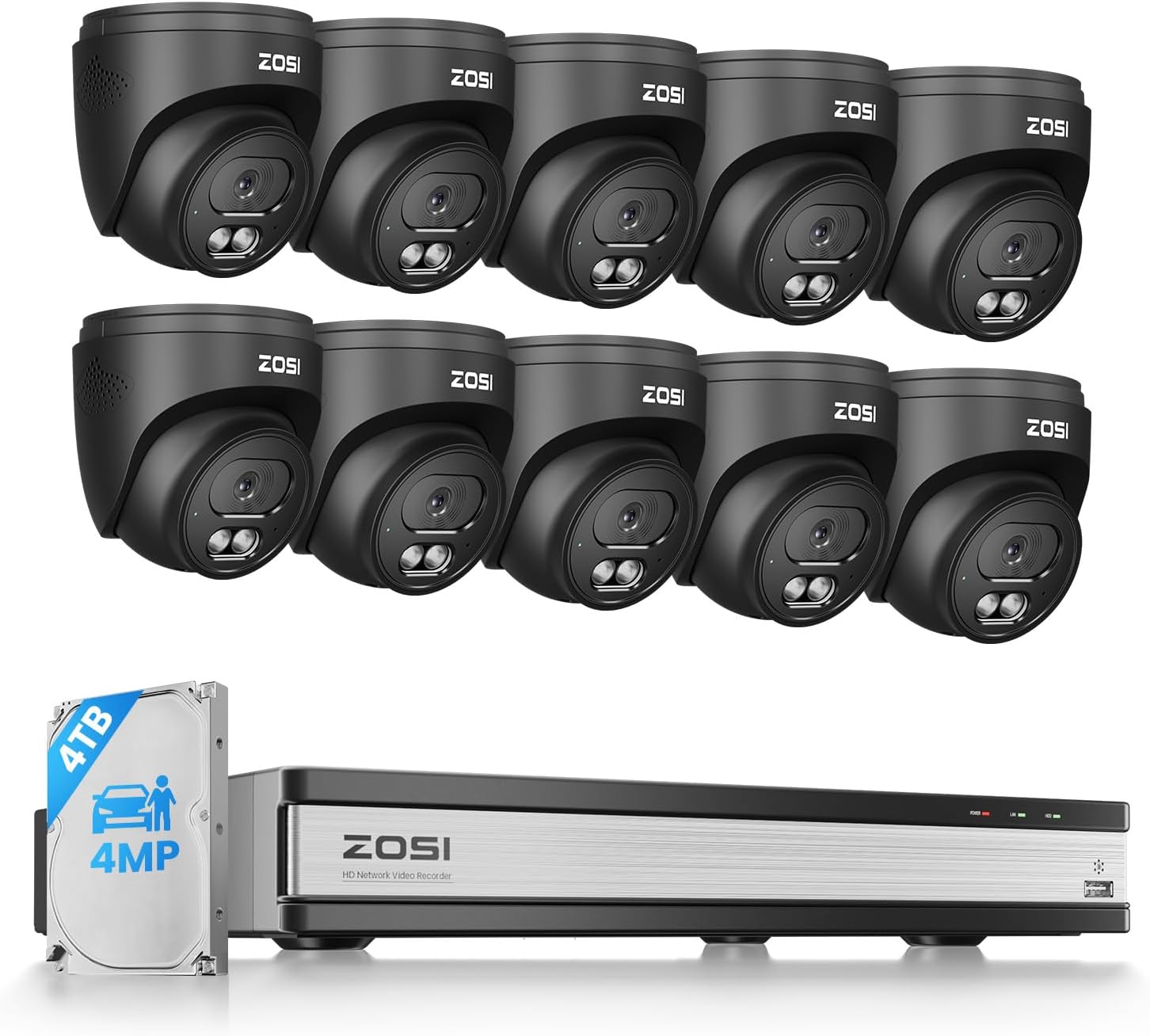 ZOSI C220 16CH 4K PoE Home Security Camera System, 16 Channel 4K 8MP NVR with 4TB HDD for 24/7 Record, 10 x 4MP(1440p) QHD 2.5K Dome IP Cameras Outdoor Indoor, Smart AI Human Detection, Two-Way Audio