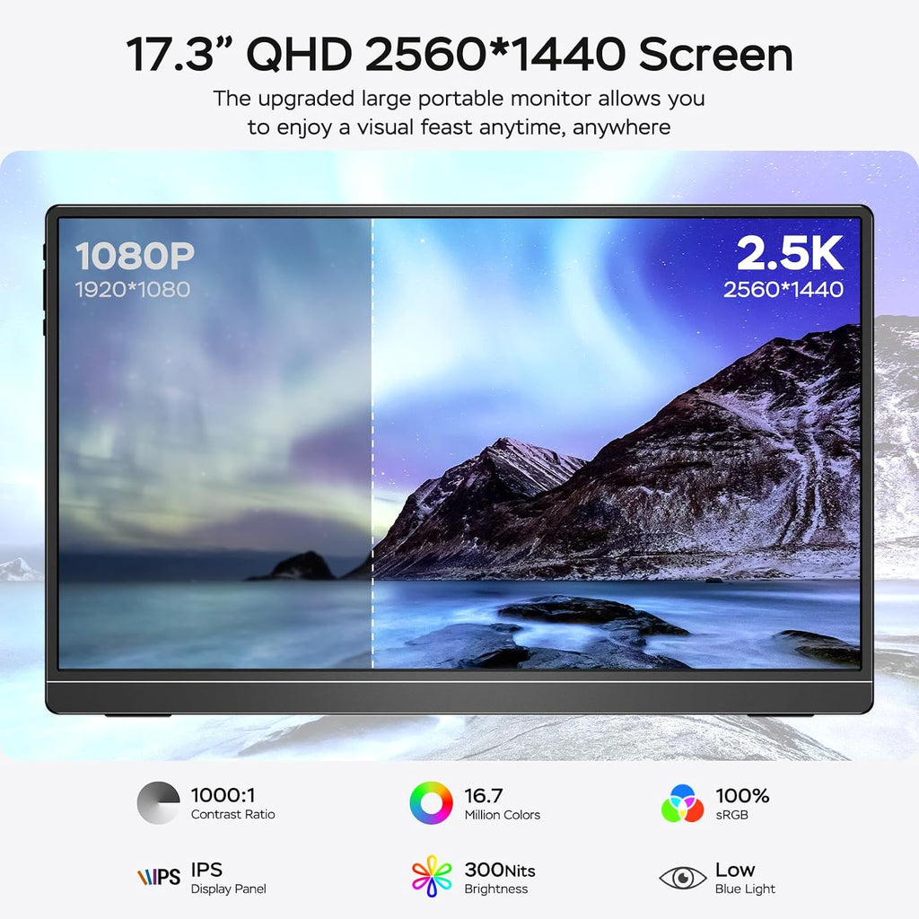 MNN 17.3' 2.5K Portable Monitor 165Hz 2560x1440 QHD, 100% sRGB IPS Gaming Monitor, USB-C & HDMI External Display with Kickstand, Slim Semi-Metal Travel Monitor for Laptop, Phone, PS5, Xbox