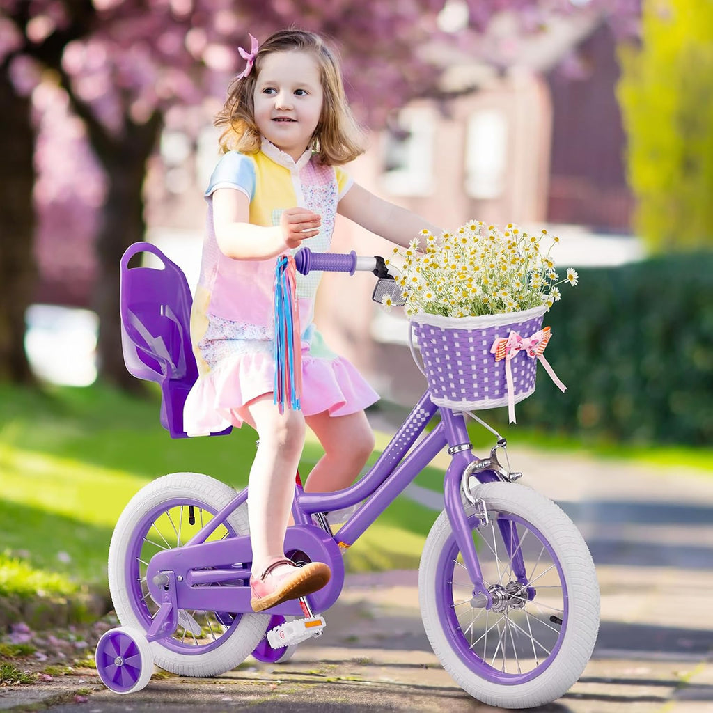 Glaf Toddler Girls Bike 12 14 16 20 Inch Girls Bike with Training Wheels Age 2-12 Years Old Bicycle Kids Bike with Basket and Doll Seat Adjustable Seat
