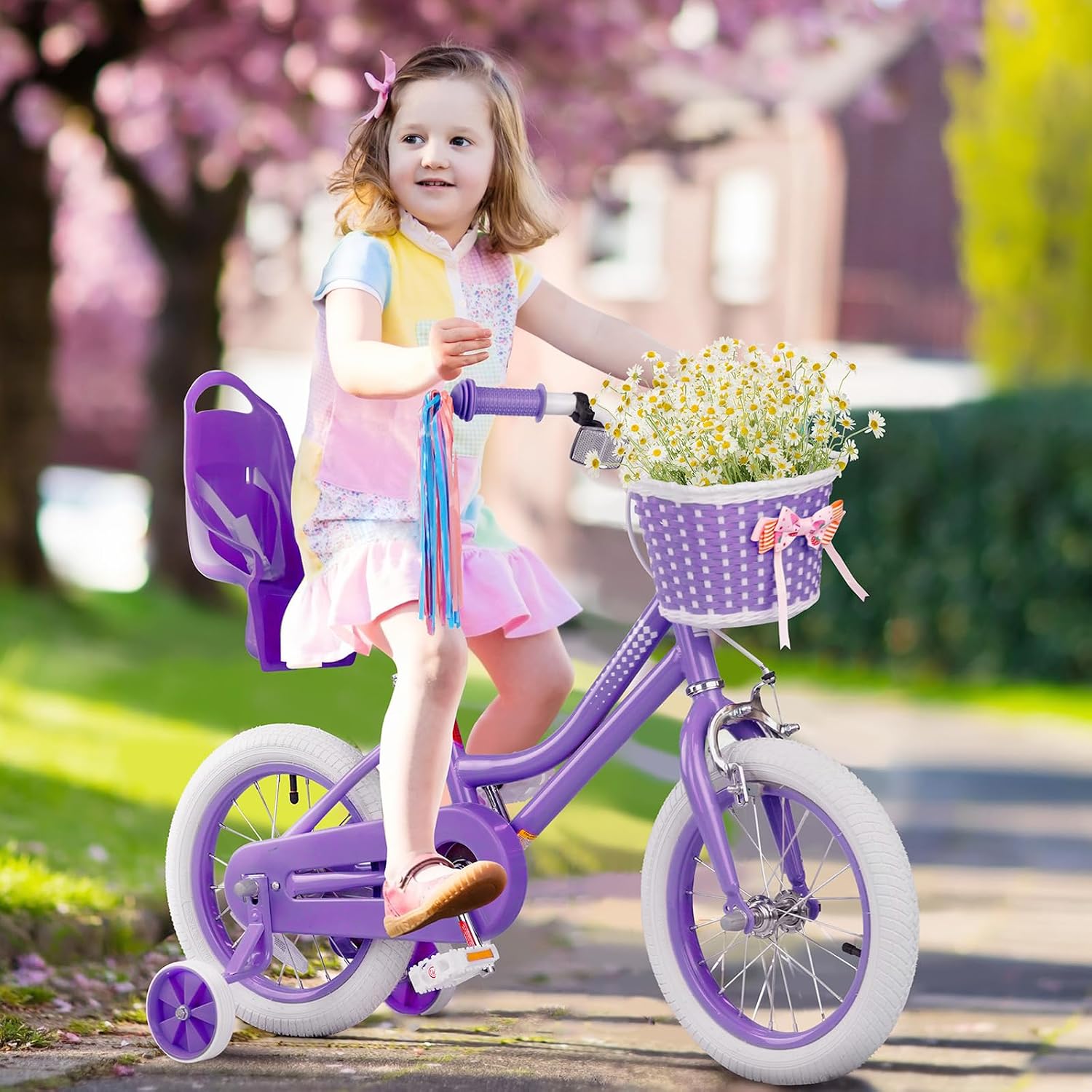 Glaf Toddler Girls Bike 12 14 16 20 Inch Girls Bike with Training Wheels Age 2-12 Years Old Bicycle Kids Bike with Basket and Doll Seat Adjustable Seat
