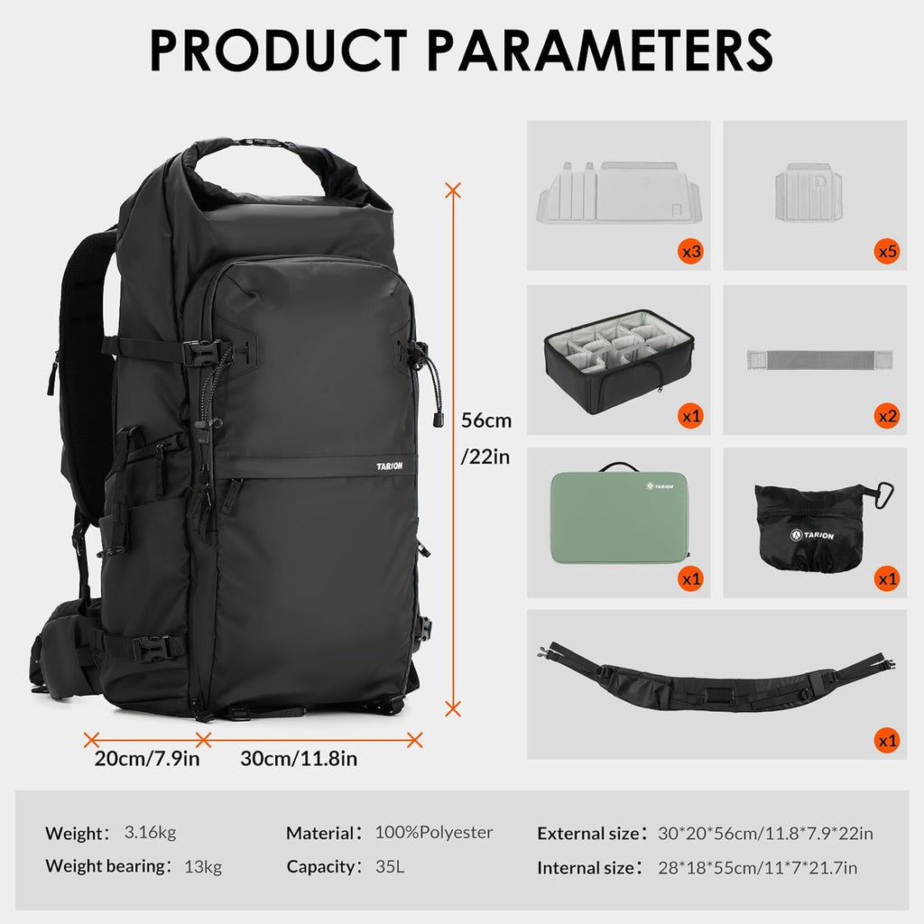 TARION Large Camera Backpack for Photographers - 35L Expandable DSLR Waterproof Camera Bag with 16' Laptop Compartment & Side Access & Adjustable Waist Strap & Rain Cover (Xprober)