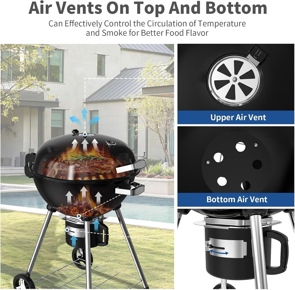 22.5-Inch Portable Charcoal Grill, Heavy Duty Kettle BBQ Smoker with Built-in Thermometer & Removable Water-Rinsable Ash Catcher for Outdoor Camping, Patio, Backyard, and Tailgating