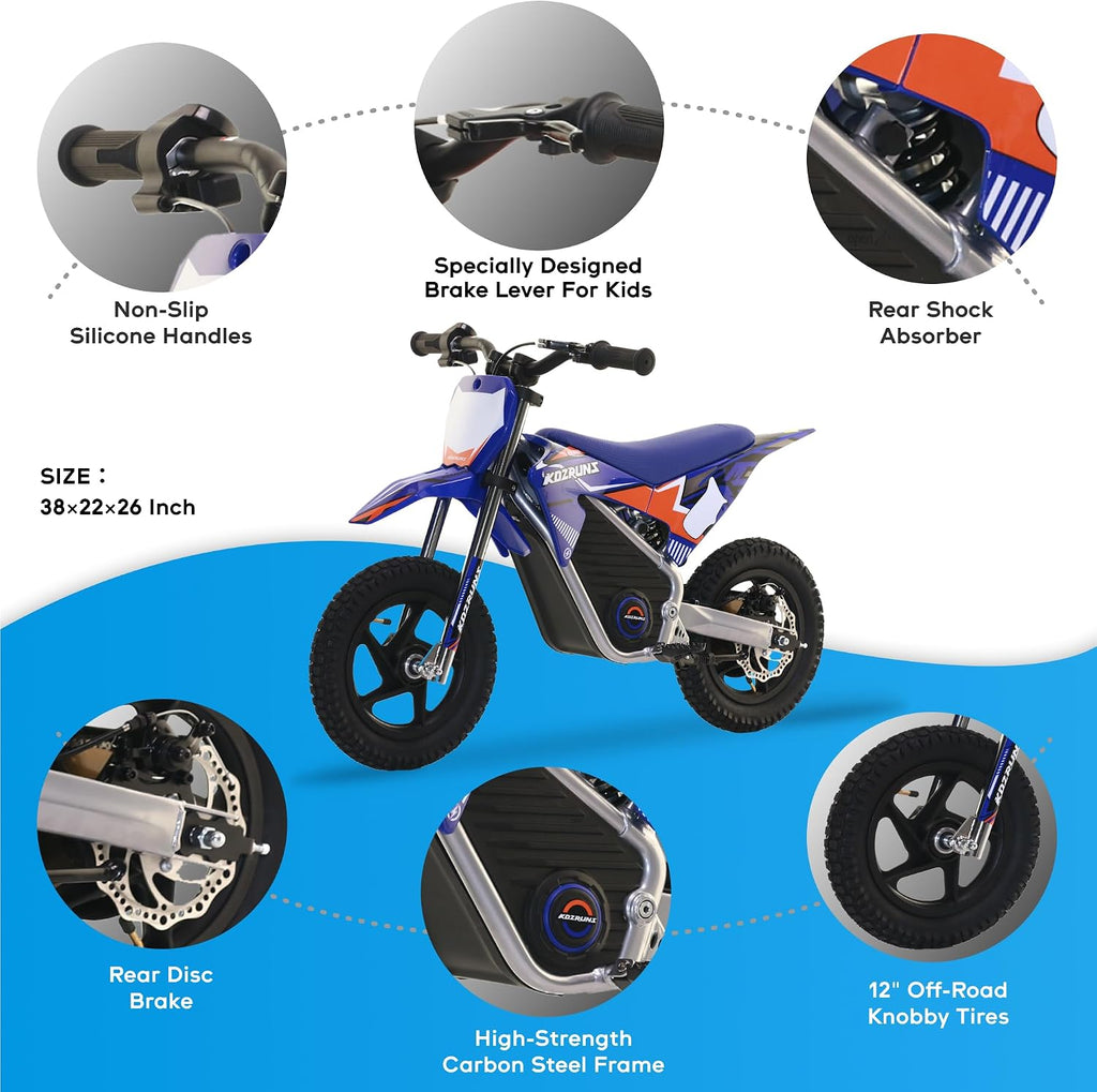 AIII Electric Dirt Bike for Kids 3-7, High Performance Racing Grade Motorcycle, Up to 8MPH, 2 Speed Settings, 12-Inch Off-Road Tires, Rear Disc Brakes & Advanced Shock Absorption, Blue