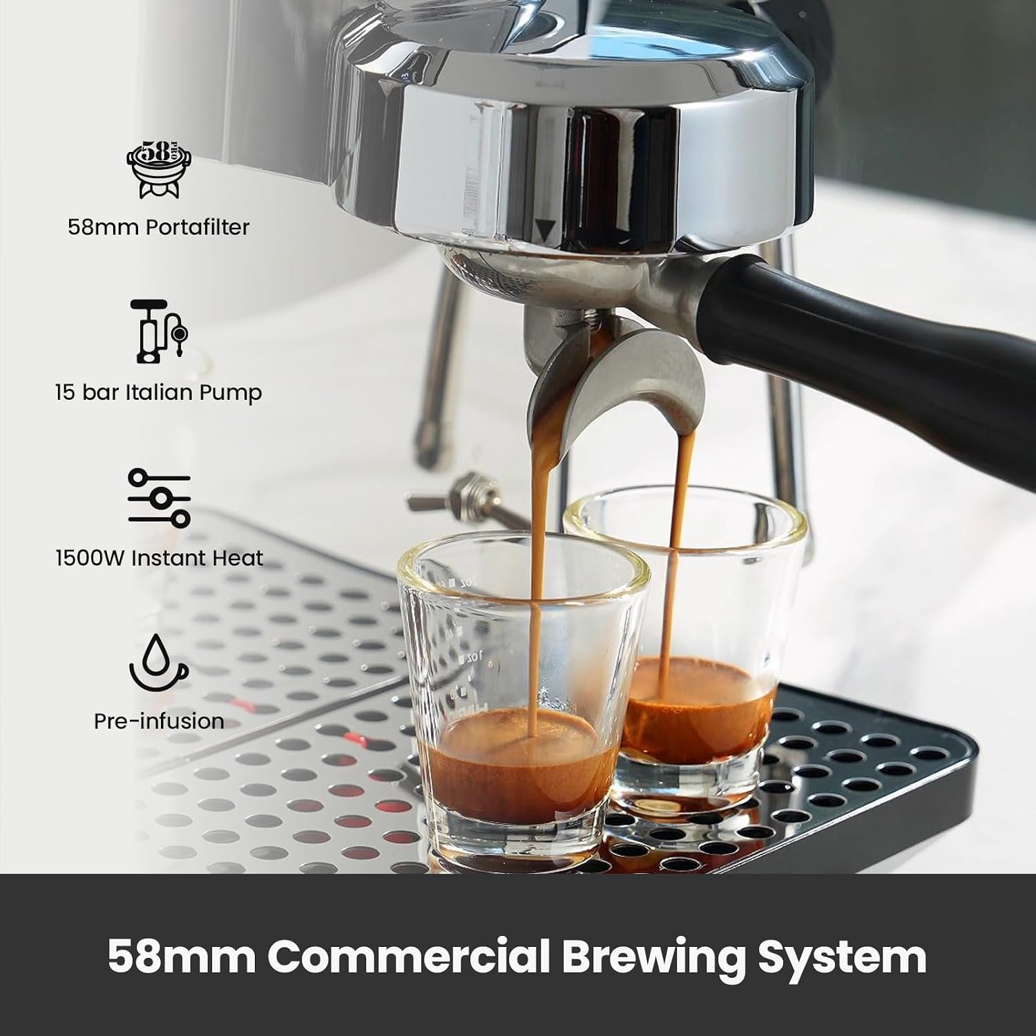 Gemilai Owl Espresso Machine, 15 Bar Professional Semi-Automatic Espresso Maker with Milk Frother Steam Wand & 57oz Removable Water Tank, Dual Display, for Cappuccino, Latte, G3006, Stainless Steel