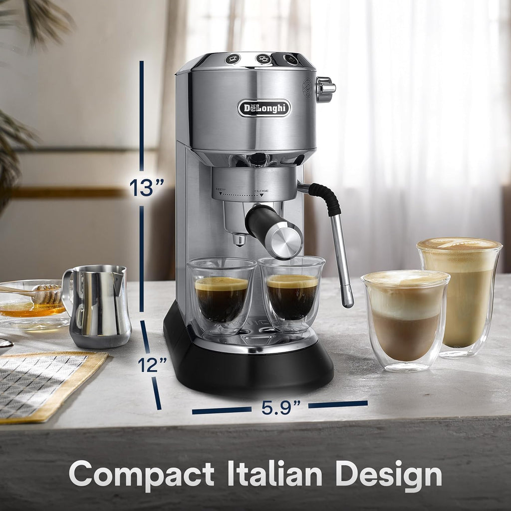 De'Longhi Dedica Arte Espresso Machine with My LatteArt Steam Wand (Milk Frother), 15-Bar Pump & 3-Level Temp Control - Compact Espresso Maker for Latte & Cappuccino - Italian Stainless Steel Design