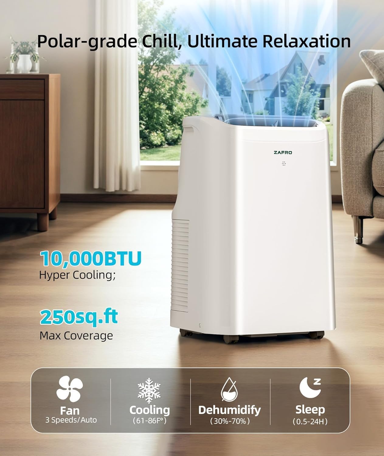 ZAFRO 10000 BTU Portable Air Conditioners (6000 BTU SACC) with Drainage-free Cooling, Fan & Dehumidifier, 47dB Quiet, APP Control/Remote/LED Display, 24H Timer, AC Unit for Bedroom