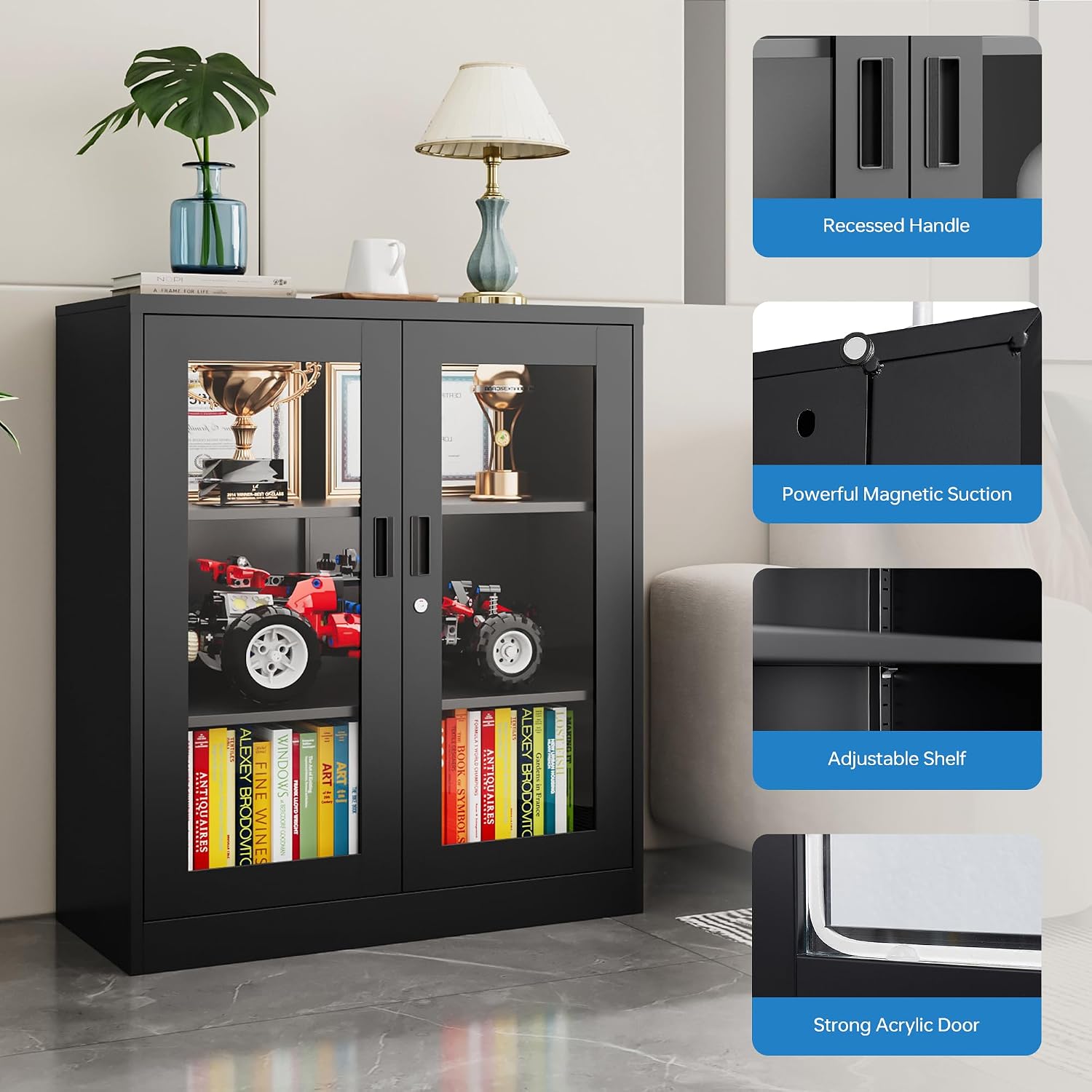 PEUKC Display Cabinet with Acrylic Doors, 35.4 Inches Metal Curio Storage Cabinet with 2 Adjustable Shelves, Locking Display Case for Home, Office, Clinic, Pantry, Assemble Required (Black)