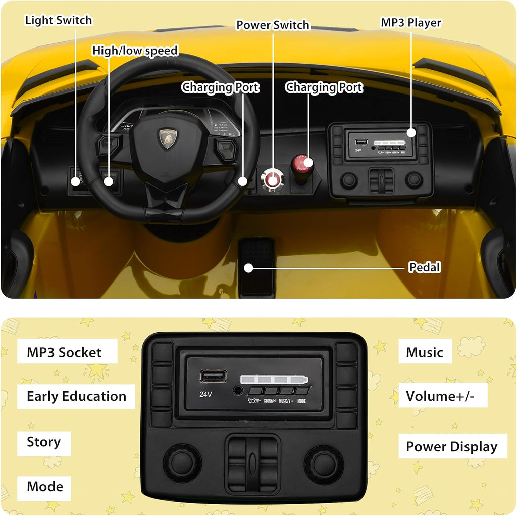 2-Seater Ride on Car 24V Electric Lamborghini for Kids High Speed 13km/h Drift Sports Car with PU Leather Seats w/Adjustable Safety Belt, 2 Speeds Mode, Music, Gifts for Children