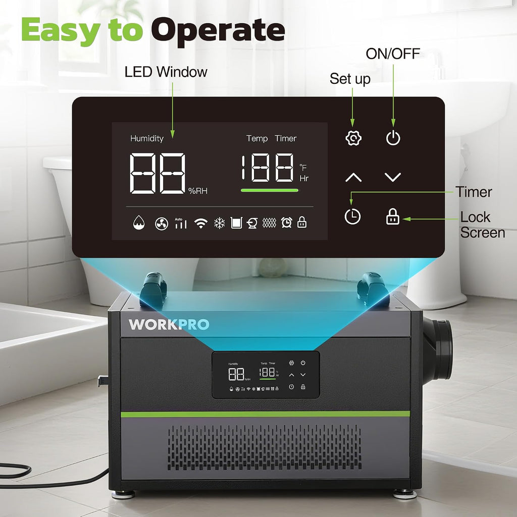 WORKPRO Crawl Space Dehumidifier, 145 Pint Commercial Dehumidifier for Basement, Warehouse and Garage, Covers 6000Sq. Ft, Drain Hose, Automatic Defrost, Memory Starting and Washable Filter
