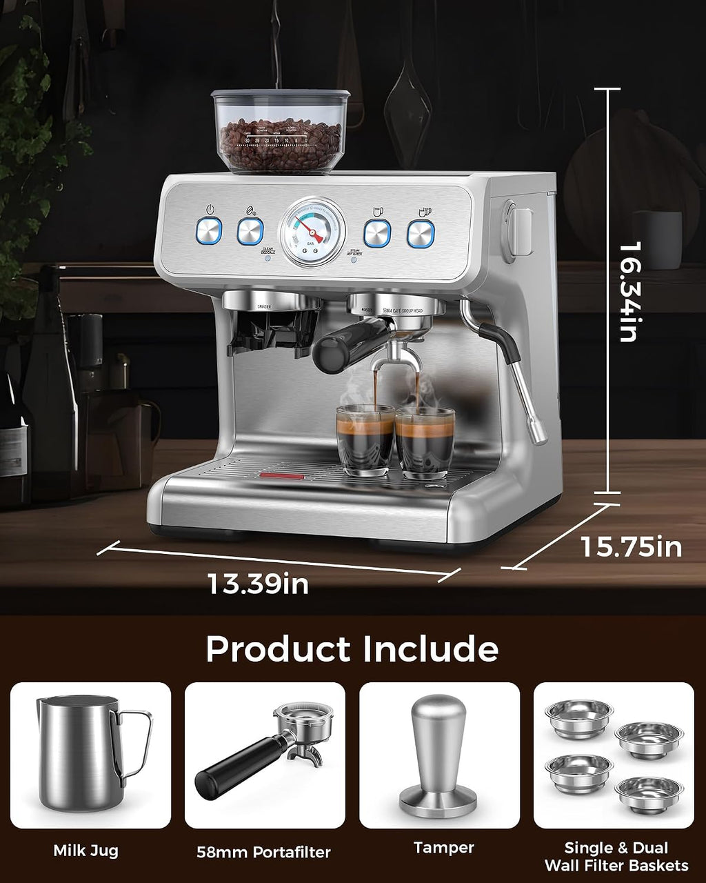COWSAR Espresso Machine with Grinder, 2025 Upgraded Espresso Machine 15 Bar, Expresso Machine with Milk Frother Steam Wand, 75 Oz Removable Water Tank for Cappuccino, Latte, Stainless Steel