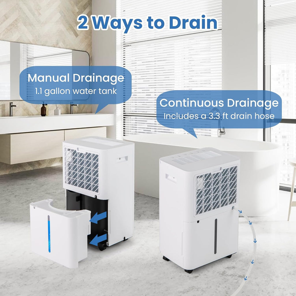 COSTWAY 54 Pints Dehumidifier for Basement, 4500 Sq.Ft Dehumidifier with 3 Modes, 24H Timer, LED Display, 3-Color Indicator Light, Child Lock, Drain Hose & Auto Defrost for Bathroom Bedroom