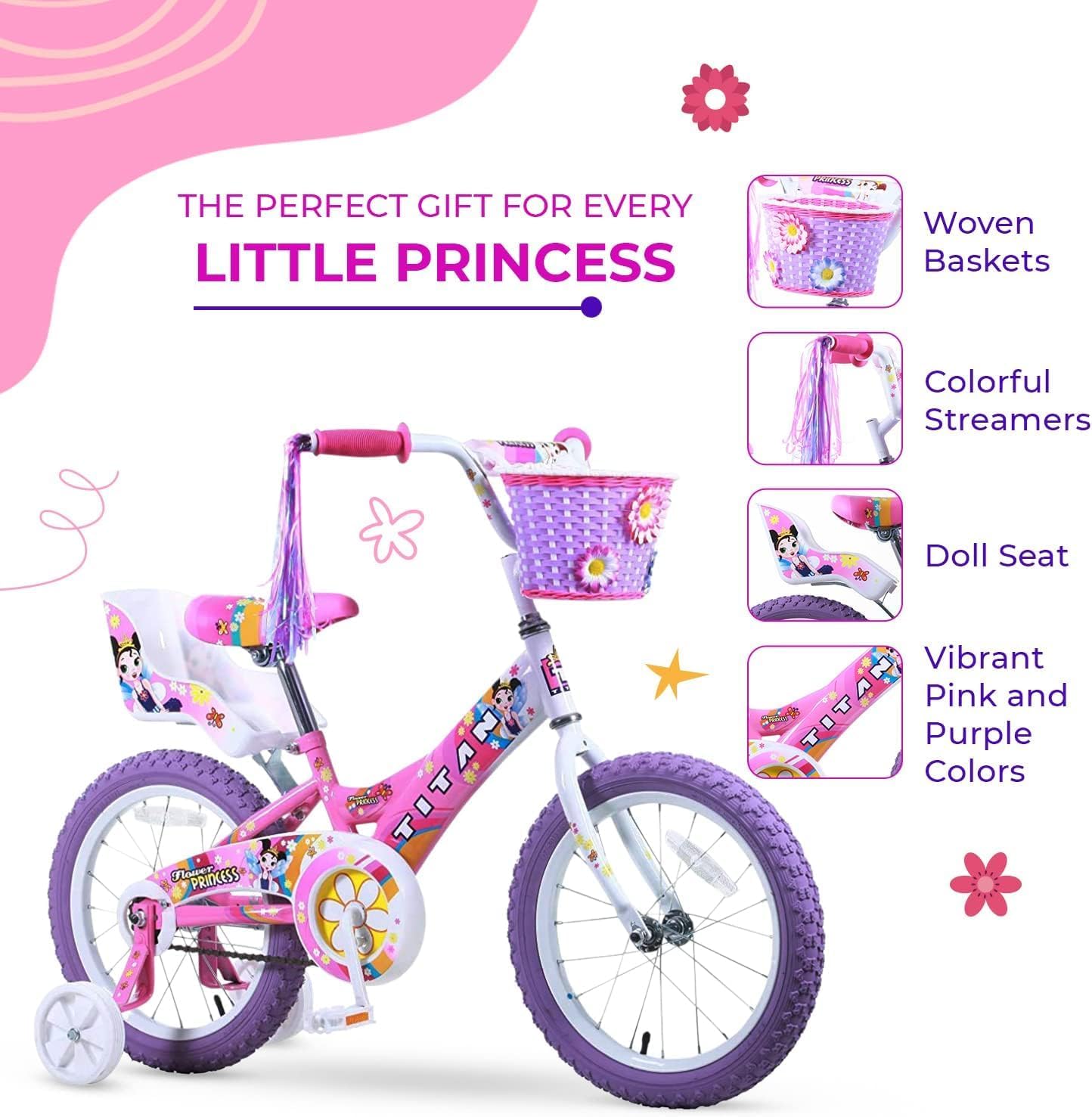 Titan Girls BMX Bike for Kids Ages 4-7, 16-Inch Wheels, 9-Inch Frame, Training Wheels, Toy Seat, Doll Basket, Streamers, First Bike, Princess Bicycle, Gift for Girls | for Kids, Training Wheels, Toy Seat, Doll Basket, Streamers, First Bike