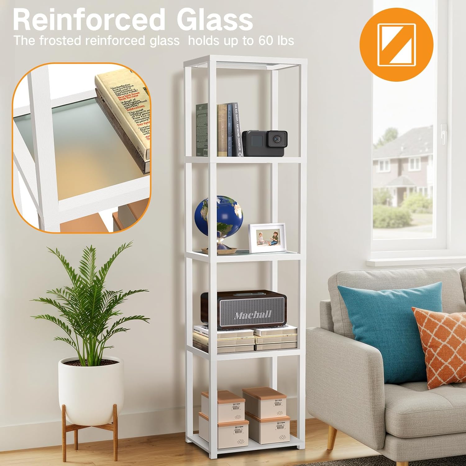 OUTON 67' Glass Display Shelf with Dimmable LED Floor Lamp, Collectibles Display Cabinet with Remote & App Control, 5 Tier Open Bookshelf Lamp for Living Room, Bedroom, Office, Home Decor, White
