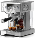Neretva Espresso Machine, 15 Bar Espresso Coffee Machine with Visible Pressure Guage Professional Espresso Maker with Milk Frother & Stainless Steel for Home Barista Latte and Cappuccino Maker-Silver