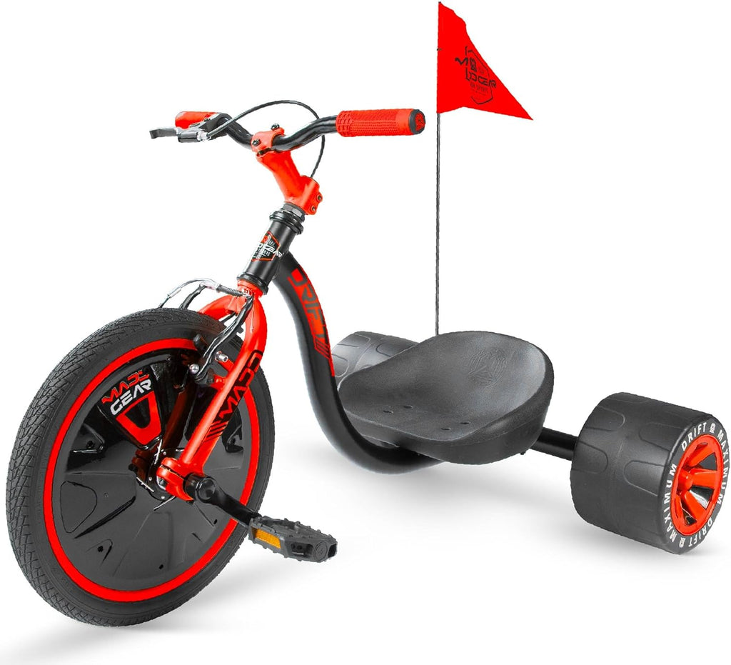 Drift Trike for Kids Ages 5+ – 16' Front Wheel Ride-On with Adjustable Seat, Steel Frame, Rear Slick Drift Wheels & Safety Flag – Madd Gear - (Black Red)