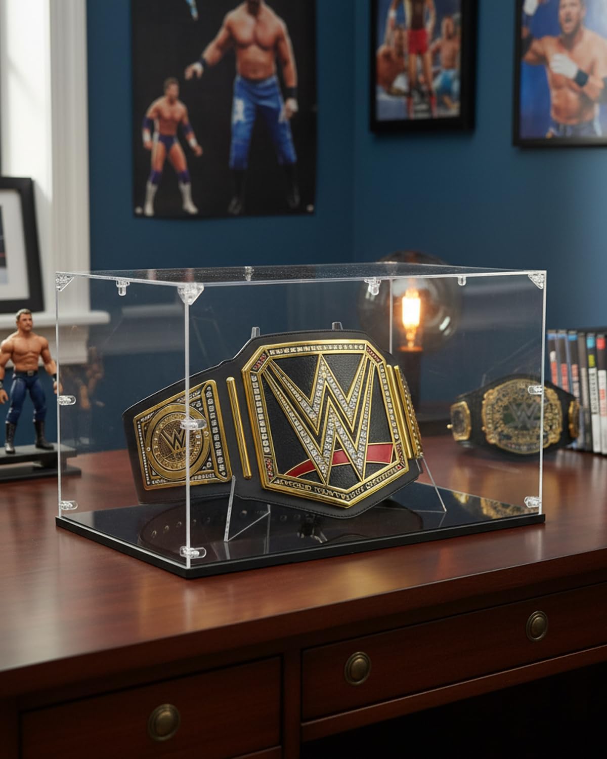 Acrylic Championship Belt Display Case – 3mm Clear Acrylic with Built-in Wrestling Belt Stand, Large 21.8' x 15.9' x 13.2' Showcase Box, Durable Corner-Connector Design – Fits Most Championship Belts