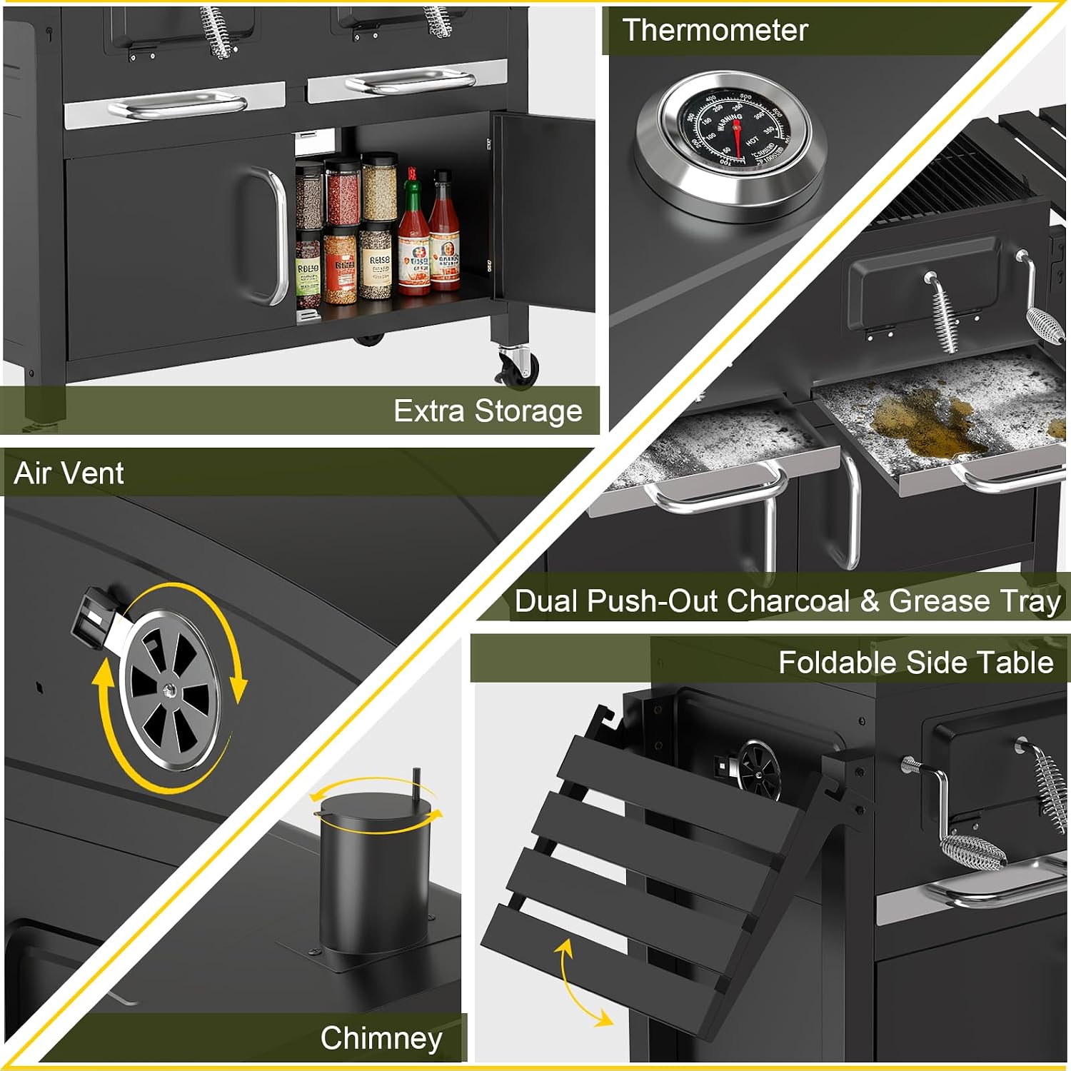 Bestfire Extra Large Charcoal BBQ Grill with Oversized Cooking Space, Dual Charcoal Trays, Enamel Grates & Chrome Warming Rack, Outdoor Barbecue Smoker with 4 Wheels & Side Tables