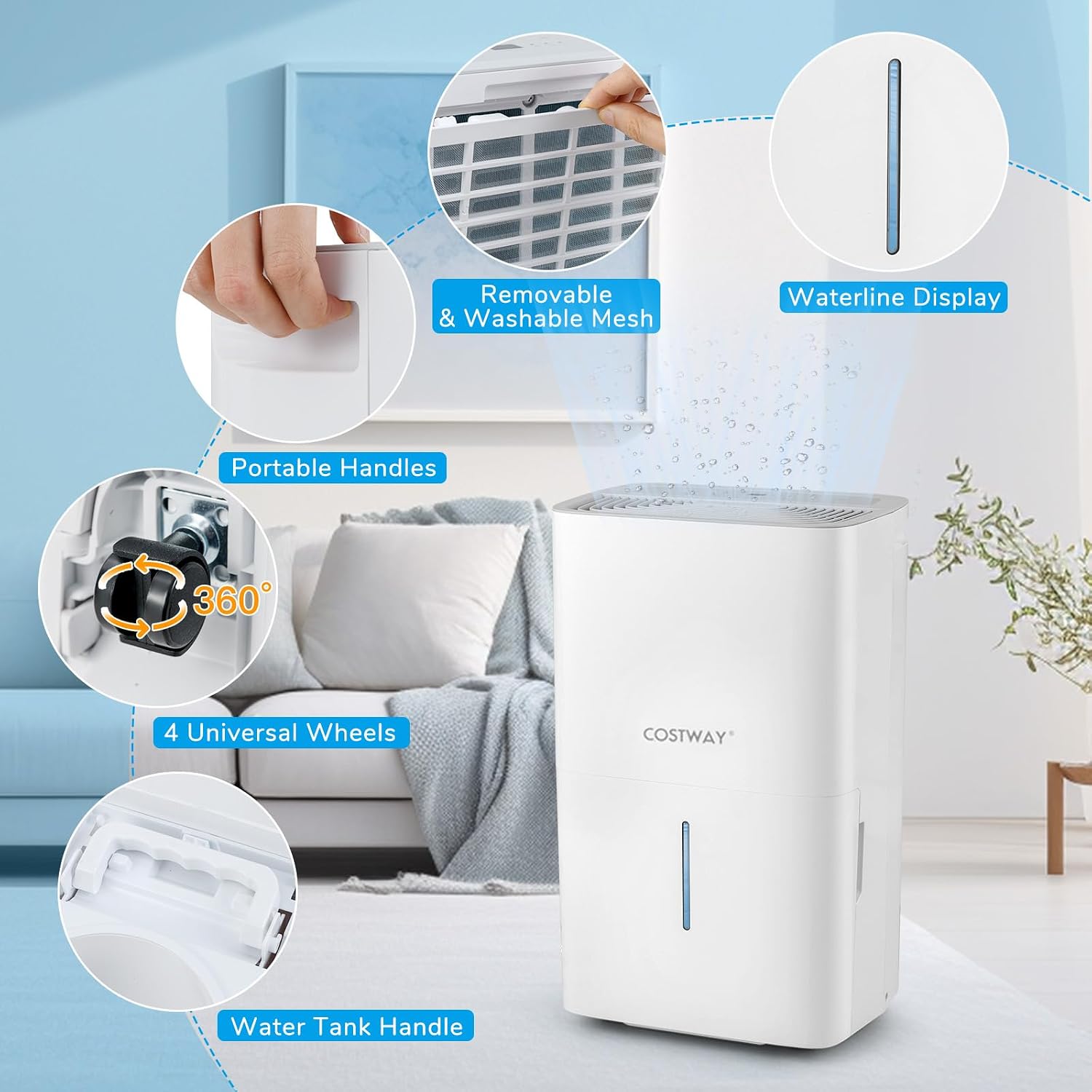 COSTWAY 150 Pints Dehumidifier with Pump, 7000 Sq.Ft Portable Home Dehumidifier for Basements with 2 Modes & 3 Fan Speeds, 2.4 Gallon Tank,16.4 FT Pump Drain Hose