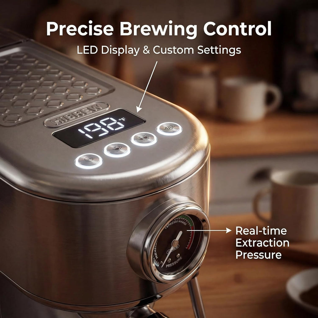 HIBREW H10B - Professional Espresso Machine - Cappuccino Maker with Milk Frother, Adjustable Temperature & Cup Volume, with Display, Pressure Gauge & Stainless Steel Body
