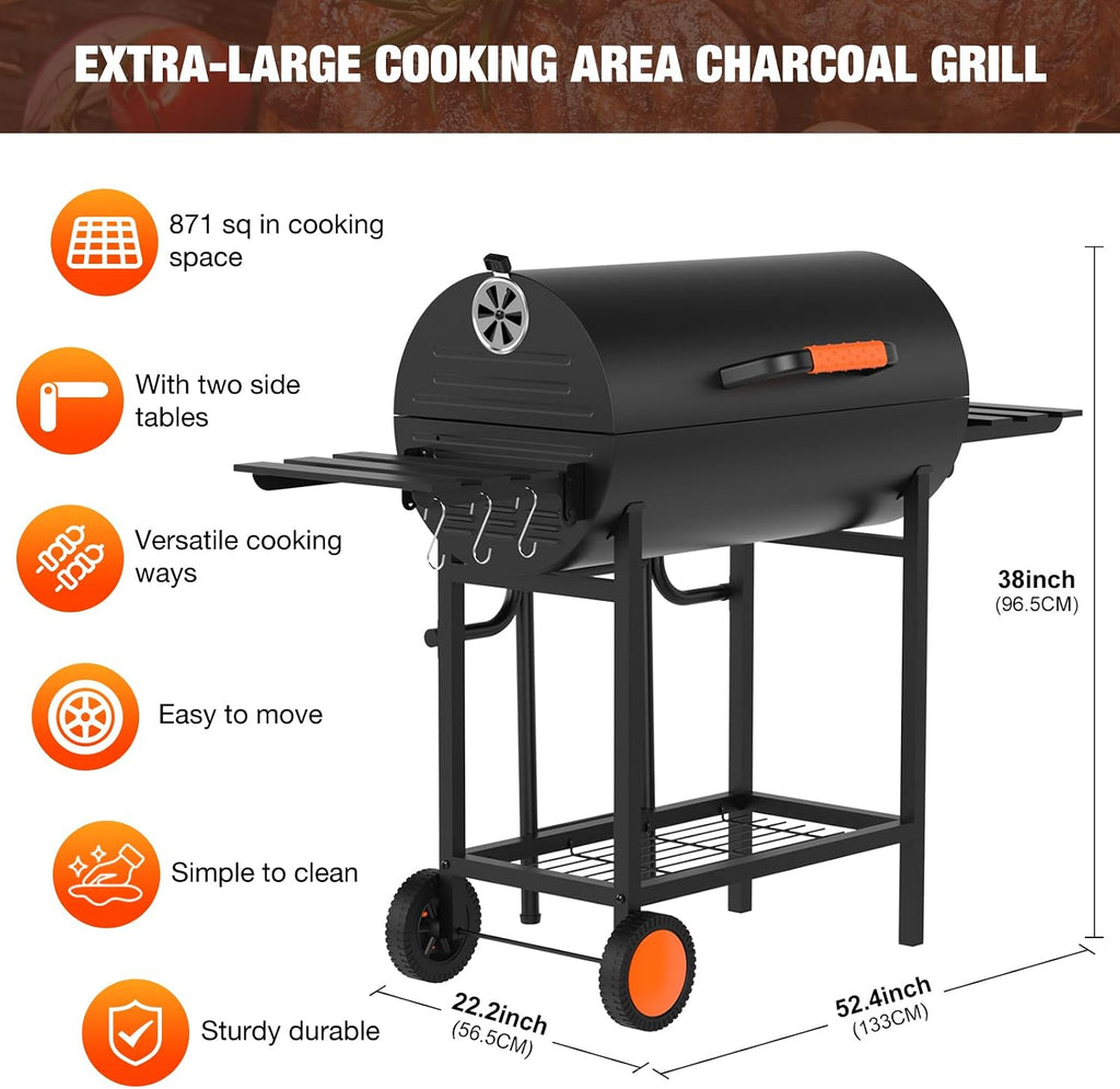 Extra Large Charcoal Barbecue Grill, 871 Square Inches Cooking Space, Outdoor Barrel BBQ Grill with 2 Foldable Side Tables for Outdoor Backyard Patio Picnic Parties Camping, Black