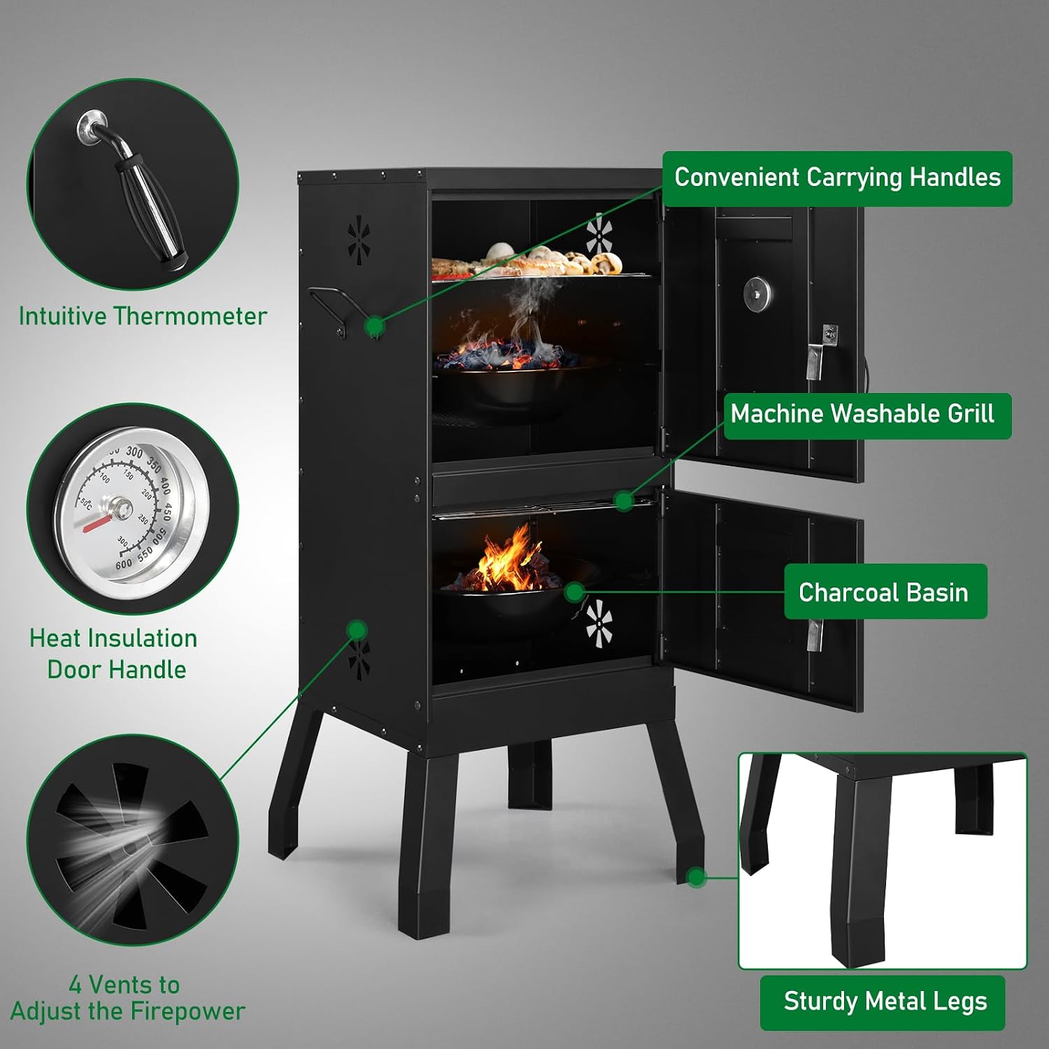 Outvita Outdoor Smoker with Double Doors, Vertical Charcoal Smoker, Outdoors Charcoal Barbeque with 2 Detachable Grill Netting Smoking Racks, Suitable for Lawn Picnic, Backyard BBQ, Black