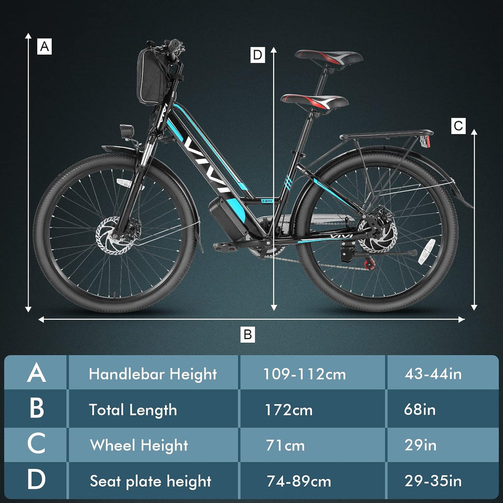Vivi MT26GUL Electric Bike 26' Step Through Electric Bicycle with Removable 48V 374.4Wh Battery, 750W Peak Motor, 20Mph Top Speed, Up to 50 Miles, Cruise Control, 7 Speed, SGS Certified to UL2849