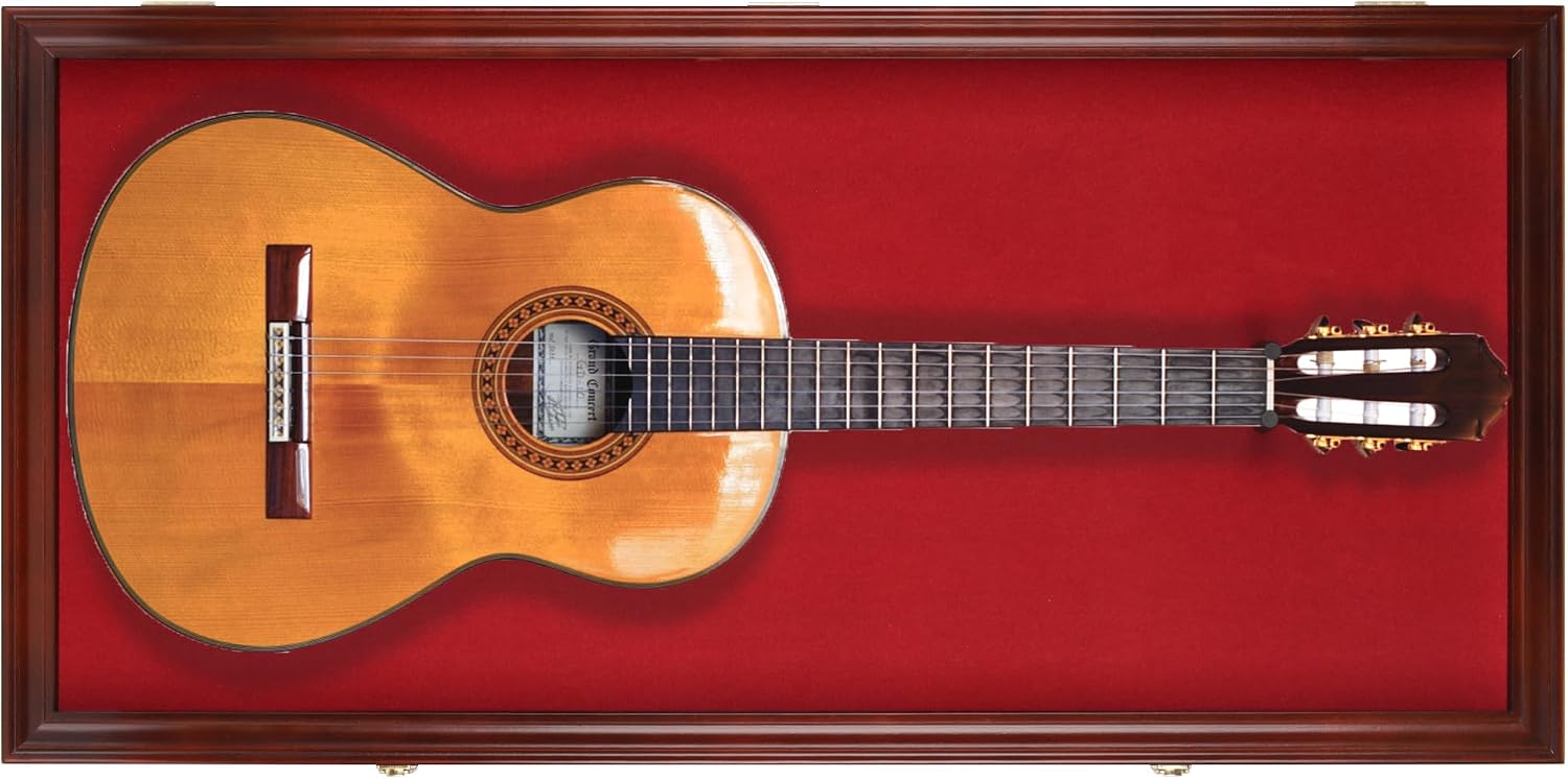 DisplayGifts 45' Acoustic Guitar Display Case Cabinet Wall Mountable Guitar Case Frame Fits Most Guitars 98% UV Protection Red Felt Interior Mahogany Finish